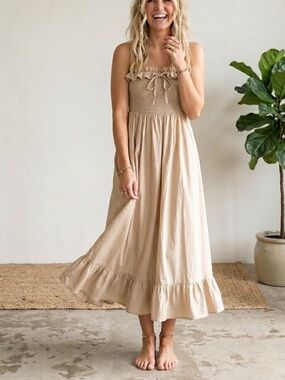 Free People Tan Lush Life Linen Smocked Strapless Dress in Bleached Sand